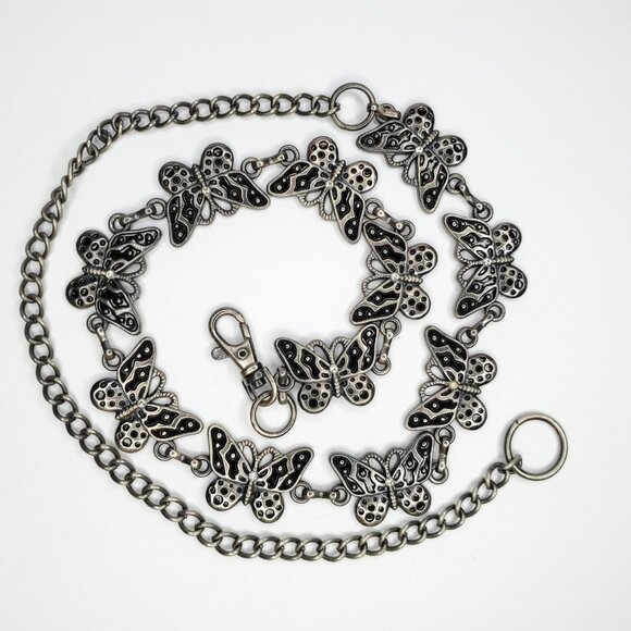 Butterfly Link Chain Belt Silvertone Black Rhinestones Whimsey Goth 25 1/2"- 40" - Picture 1 of 4
